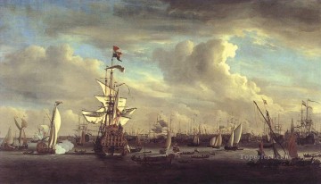 150の主題の芸術作品 Painting - ウィレム・ファン・デ・ヴェルデ アムステルダム軍艦海戦前のゴーデン・レーウ